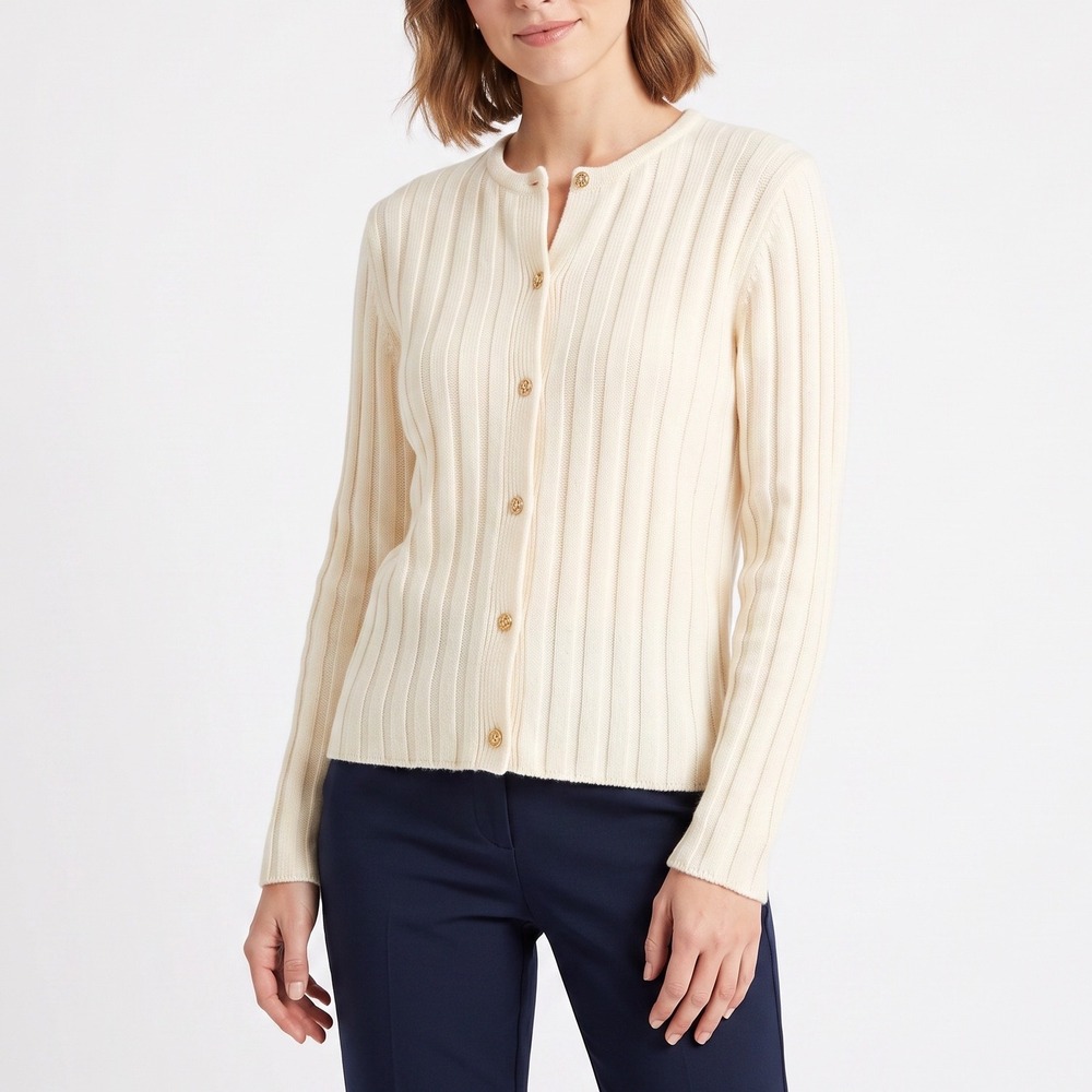 Classic Elements Cardigan Womens L Ribbed Knit Cream Gold Button Down NWT